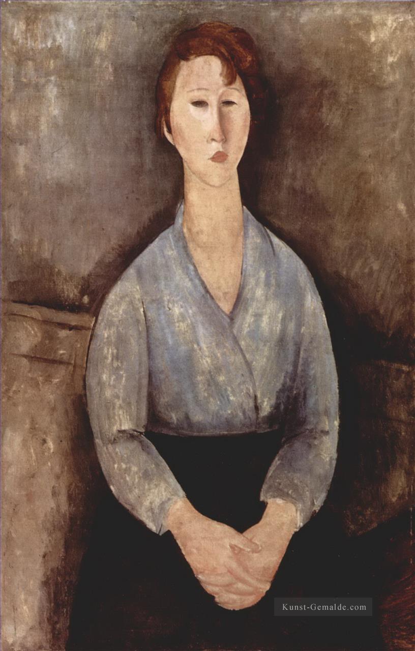 sitzt Frau weared in der blauen Bluse 1919 Amedeo Modigliani Ölgemälde